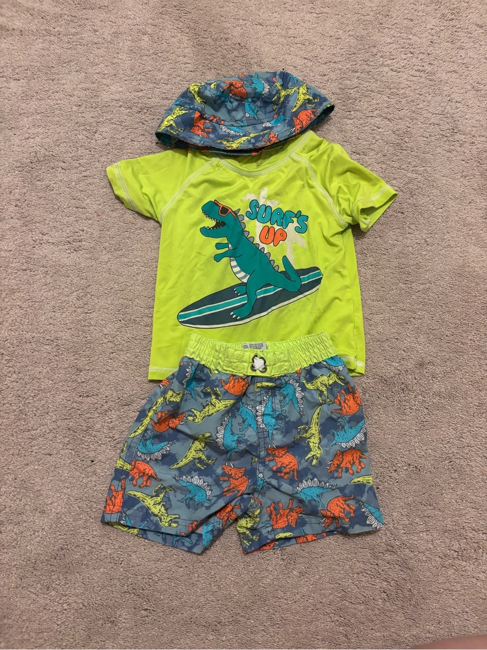 Boys Neon Green Dinosaur Surf Swim Set - Rash Guard, Trunks & Bucket Hat